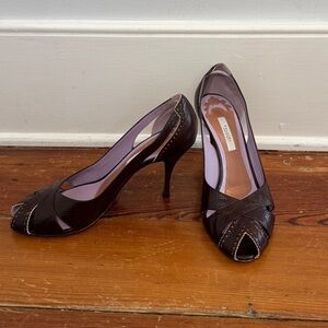 Pollini Brown Leather Brogue Peep Toe Pumps Wood Purple 38 / 7.5 Italy